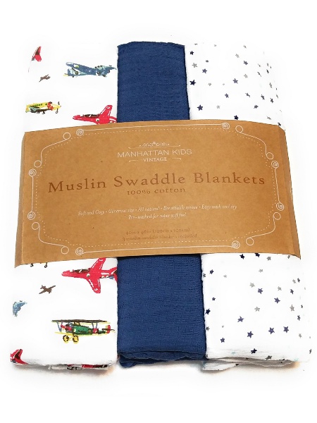 Manhattan Kids 3pk Airplane Muslin Swaddle Baby Blankets
